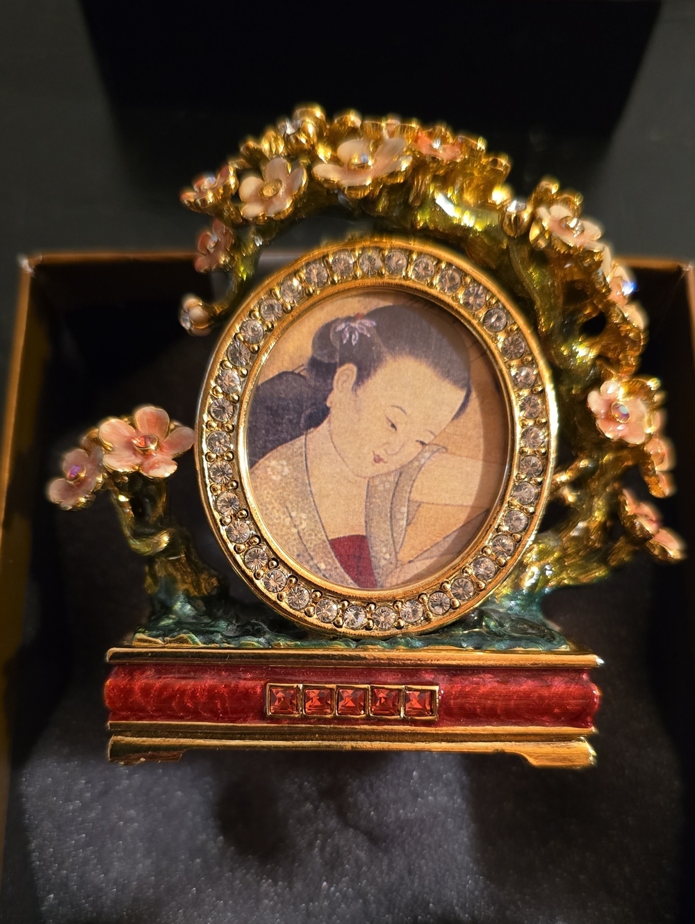 NIB Jay Strongwater Chinoiserie Enamel Swarovski Crystal Mini Frame Cherry Bloss